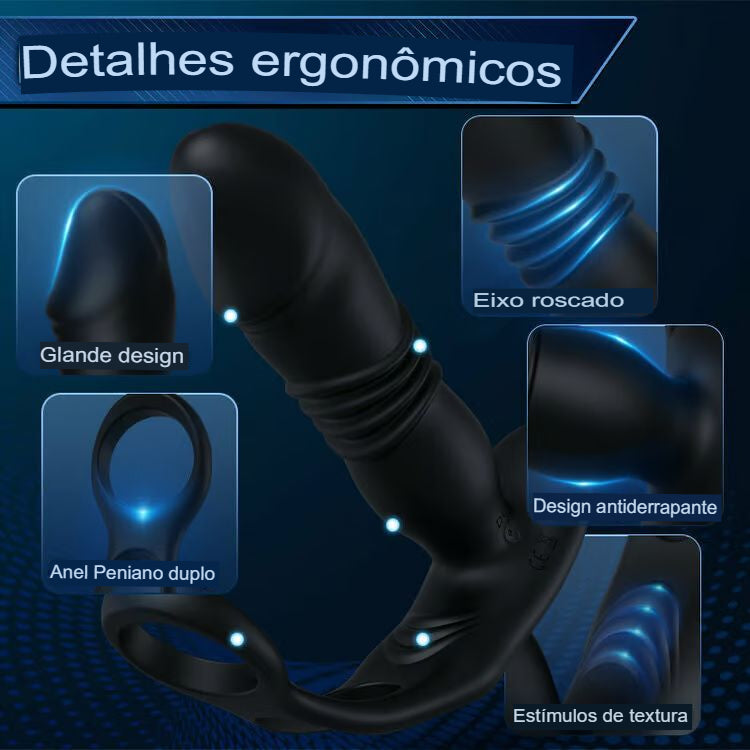 Vibrador Master Com Anel Peniano e Empurra Empurra - 12 Modos